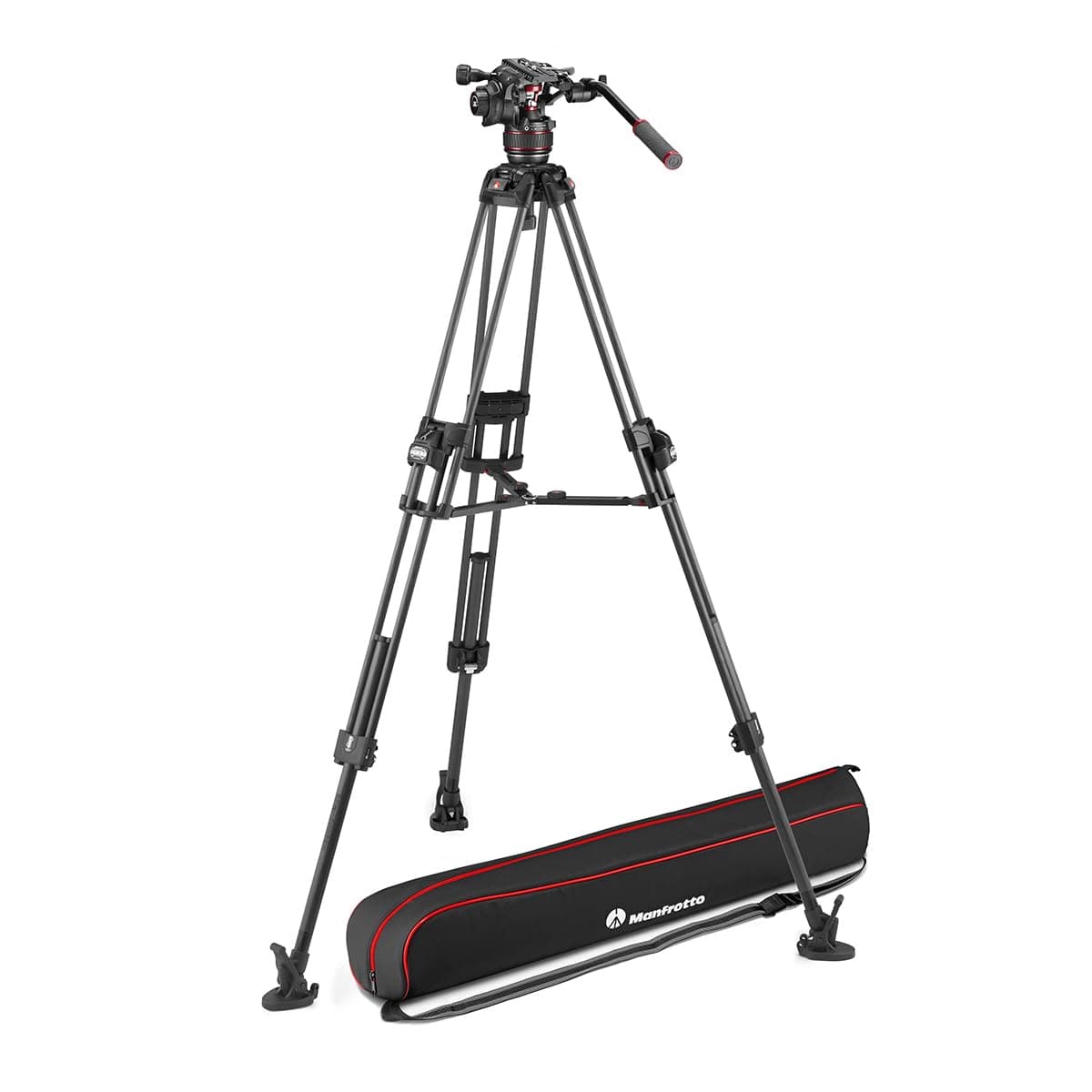 Manfrotto Nitrotech 608 cabezal fluido de video con trípode 645 Fast Twin de fibra de carbono y esparcidor a media altura
