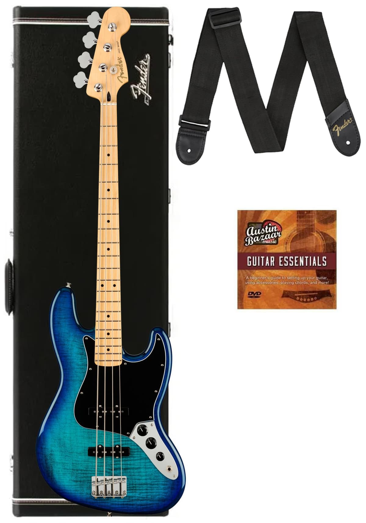 Fender Player Jazz Bass Plus Top bajo eléctrico Blue Burst, paquete con estuche rígido, correa y DVD instructivo Austin Bazaar AUS-0140229573-COMBO-DLX