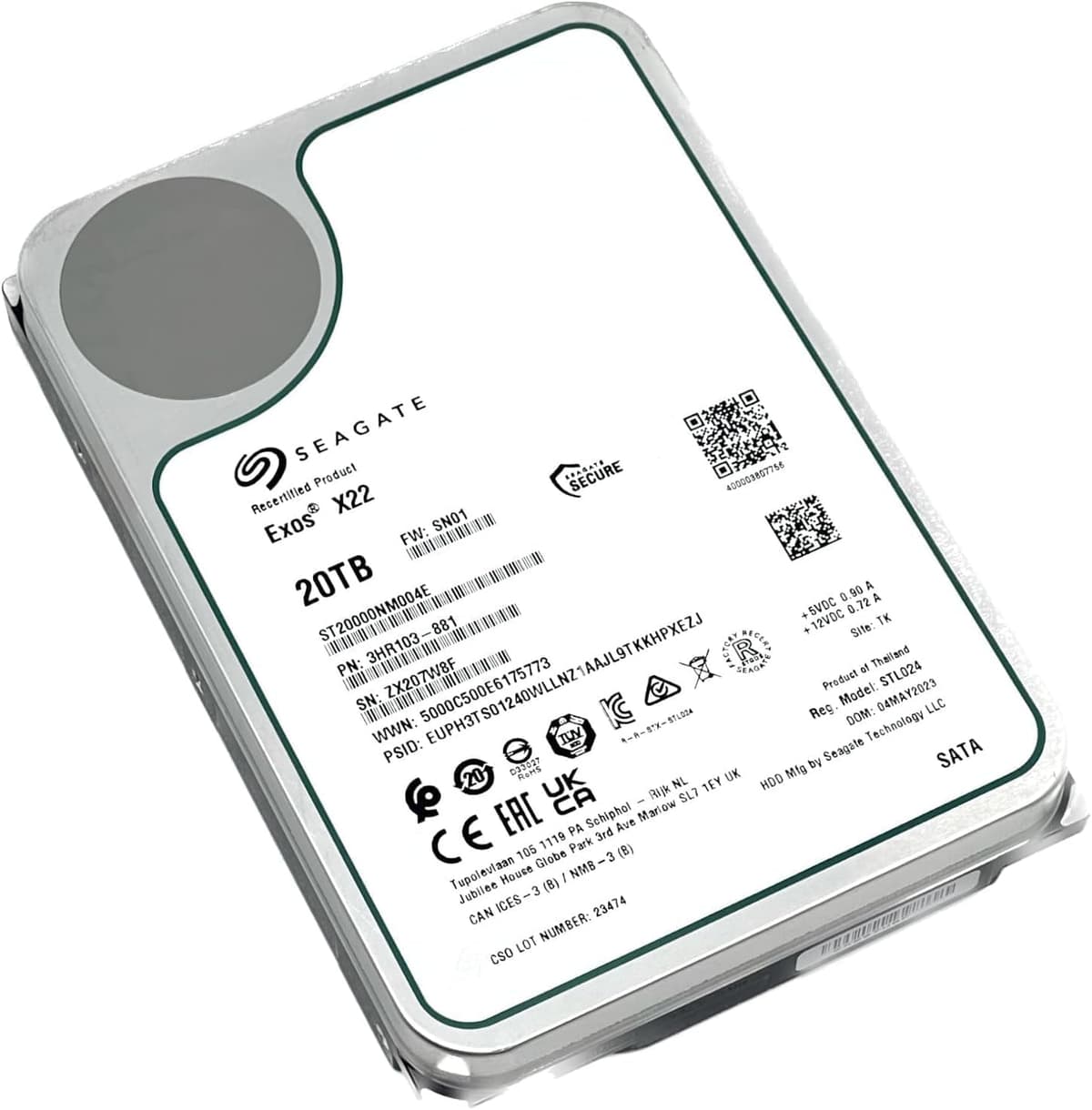 Seagate Exos X22 ST20000NM004E disco duro interno 20TB 3.5" SATA3 7200RPM 512e/4Kn 256MB caché