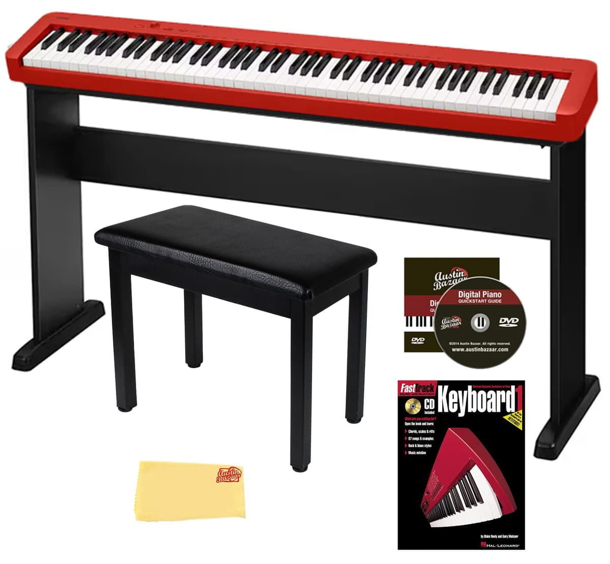 Casio CDP-S160 piano digital compacto 88 teclas rojo combo con soporte CS-46, banco, libro, lecciones online, DVD Austin Bazaar y paño de limpieza