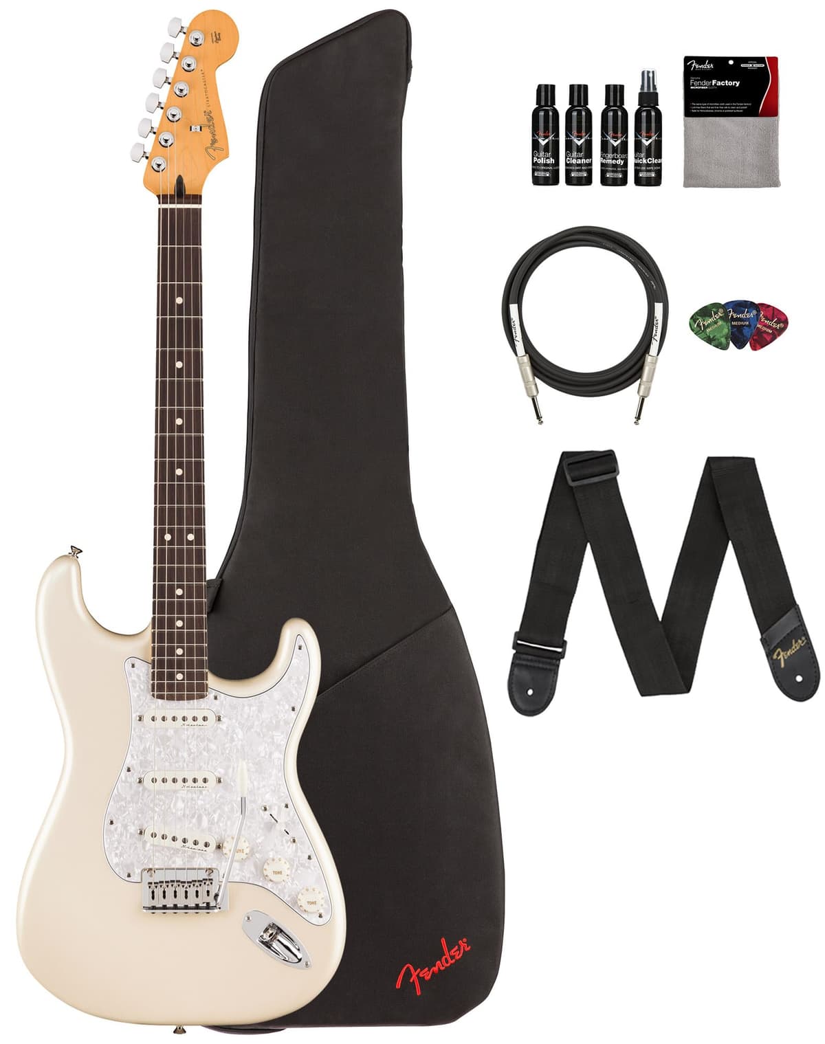 Fender Player II Modified Stratocaster Olympic Pearl - Paquete con Funda, Correa, Cable, 3 Púas y Kit de Limpieza 147420323