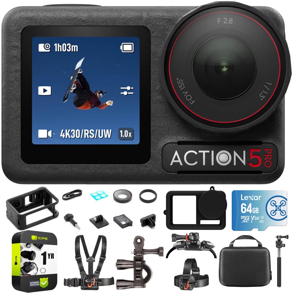 DJI Osmo Action 5 Pro Combo Estándar, batería 4 horas, video 4K, kit exterior, microSDXC 64GB, funda silicona, CPS 1 año E2DJIOSMOACT5PSC