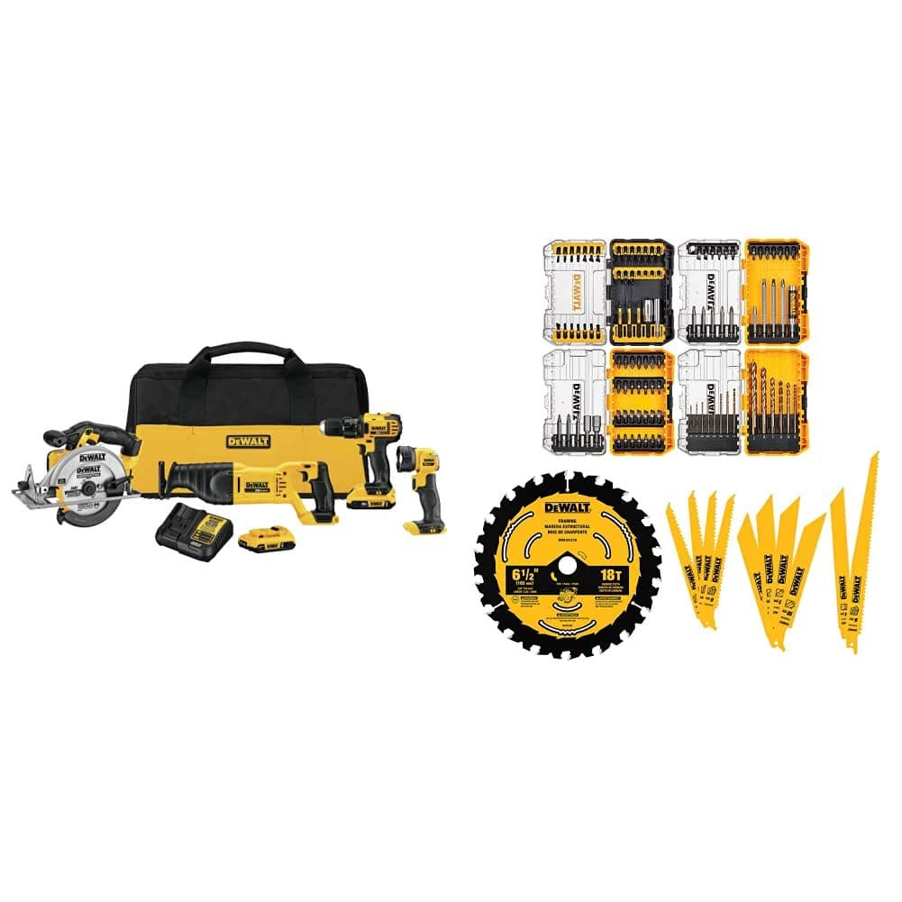DEWALT 20V MAX DCK423D2 & DWA123AMQ4 Kit Combo Compacto 4 Herramientas + Juego 111 Pzs: taladro, impacto, sierra circular y luz