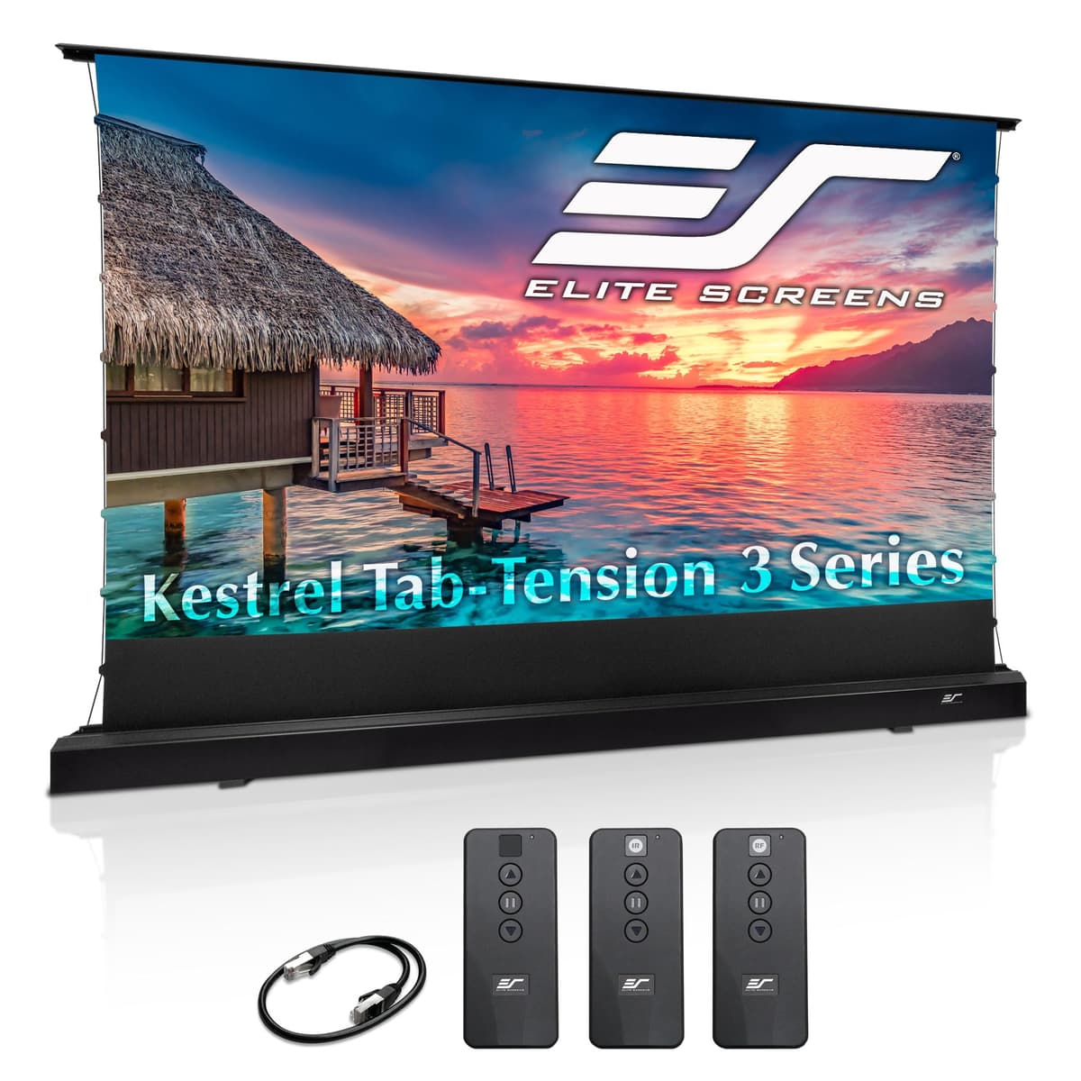 Elite Screens Kestrel Tab-Tension 3 FTE135H3 pantalla de proyección motorizada de suelo CineWhite 135" 16:9 ISF con control remoto programado