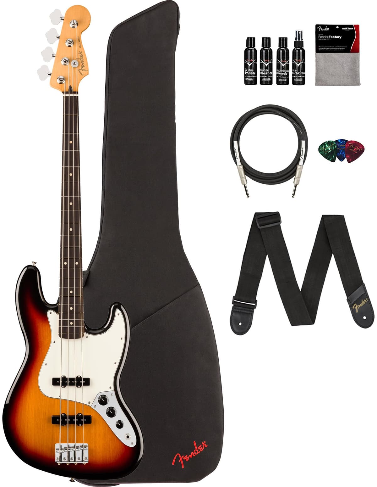 Fender Player II Jazz Bass Bajo Eléctrico 3-Color Sunburst, pack con funda, correa, cable, 3 púas y kit de limpieza 140480500