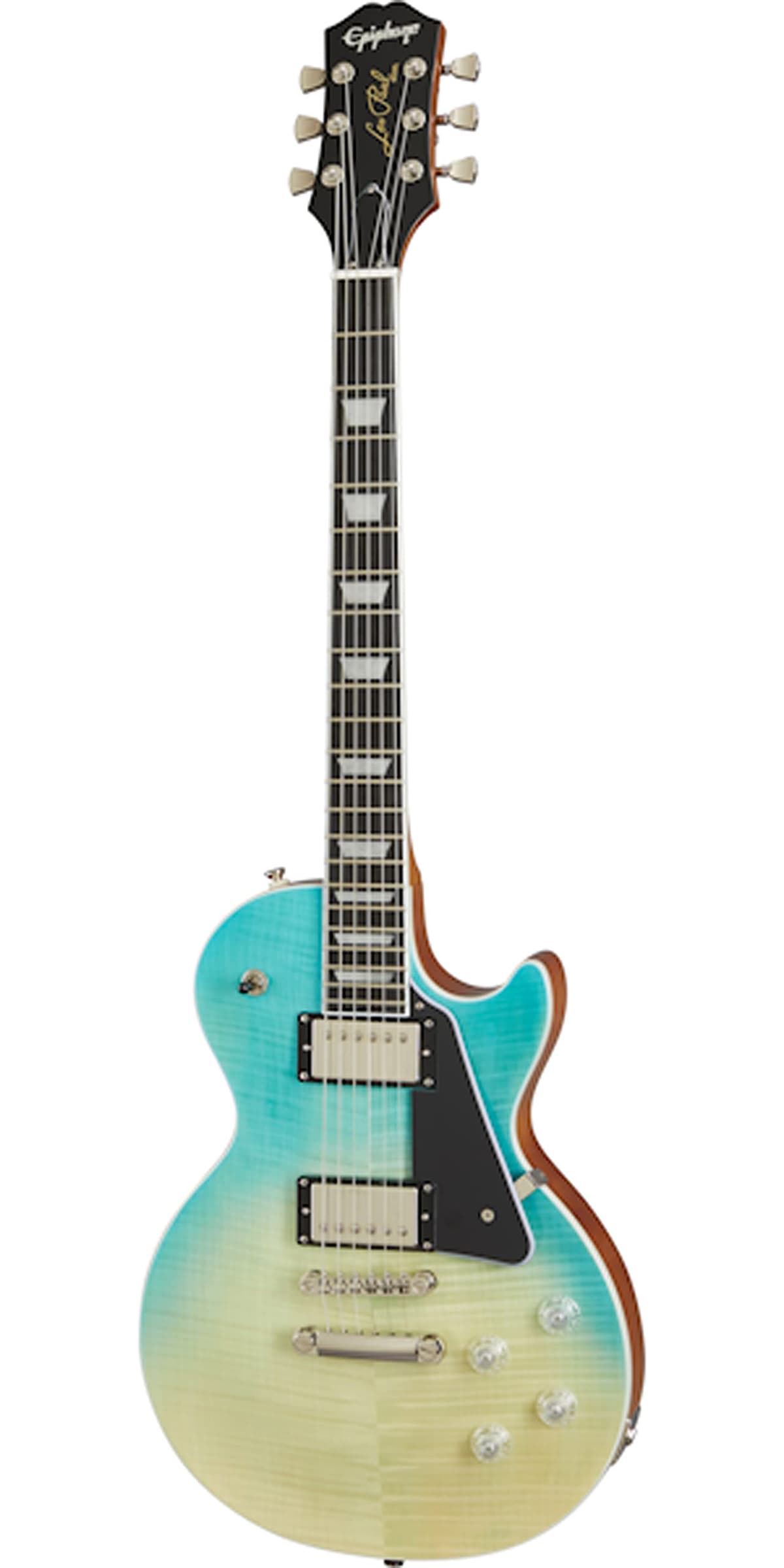 Epiphone Les Paul Modern Figured guitarra eléctrica, acabado Caribbean Blue Fade, tapa figurada EILMFCBNH