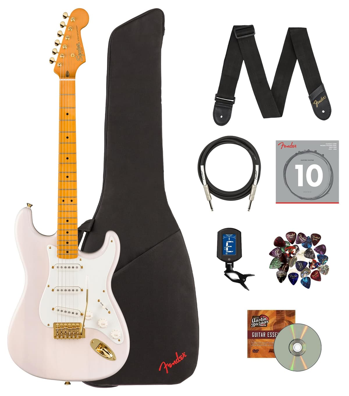 Fender Squier Classic Vibe '50s Stratocaster White Blonde paquete con funda, cable, afinador, correa, cuerdas, púas y DVD Austin Bazaar 374006501