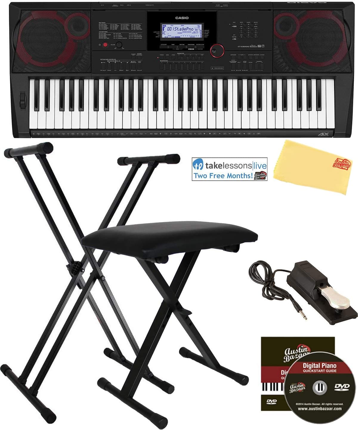 Casio CT-X CT-X3000 teclado 61 teclas combo: soporte ajustable, banco, pedal sustain, lecciones online, DVD, paño Austin Bazaar AUS-CT-X3000-COMBO-DLX