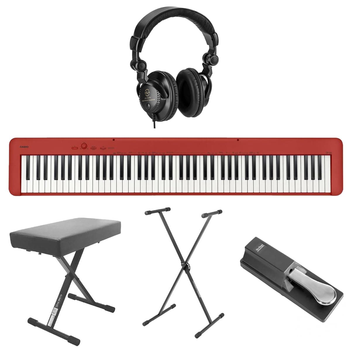 Casio CDP-S160 piano digital compacto 88 teclas, respuesta táctil, rojo, bundle con audífonos, soporte, banco y pedal sustain