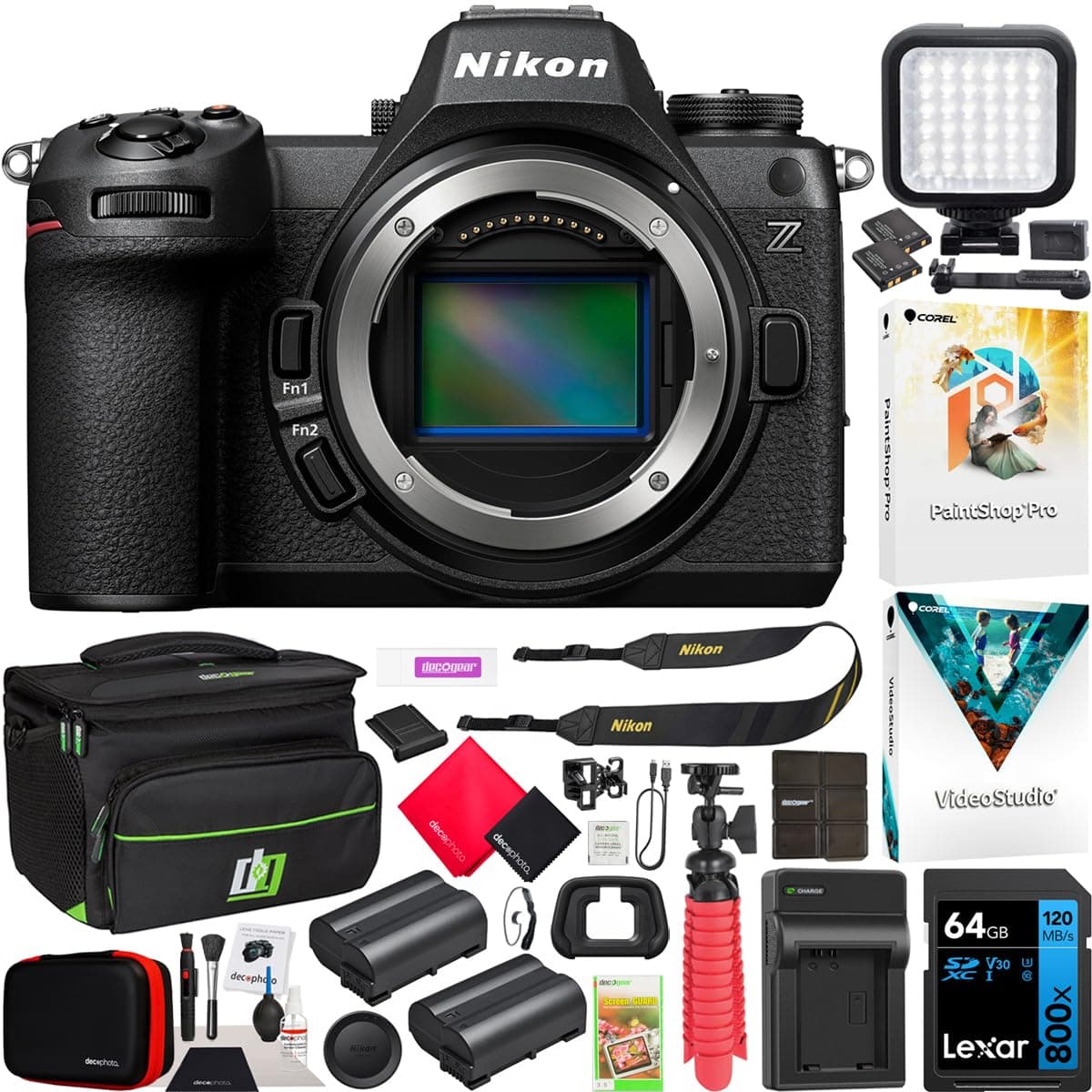 Nikon Z6III Cámara sin Espejo de Lentes Intercambiables Full Frame FX 6K Cuerpo Bundle Bolsa Deco Gear + Batería Extra + LED + 64GB + Software E23NKZ6IIIBODY