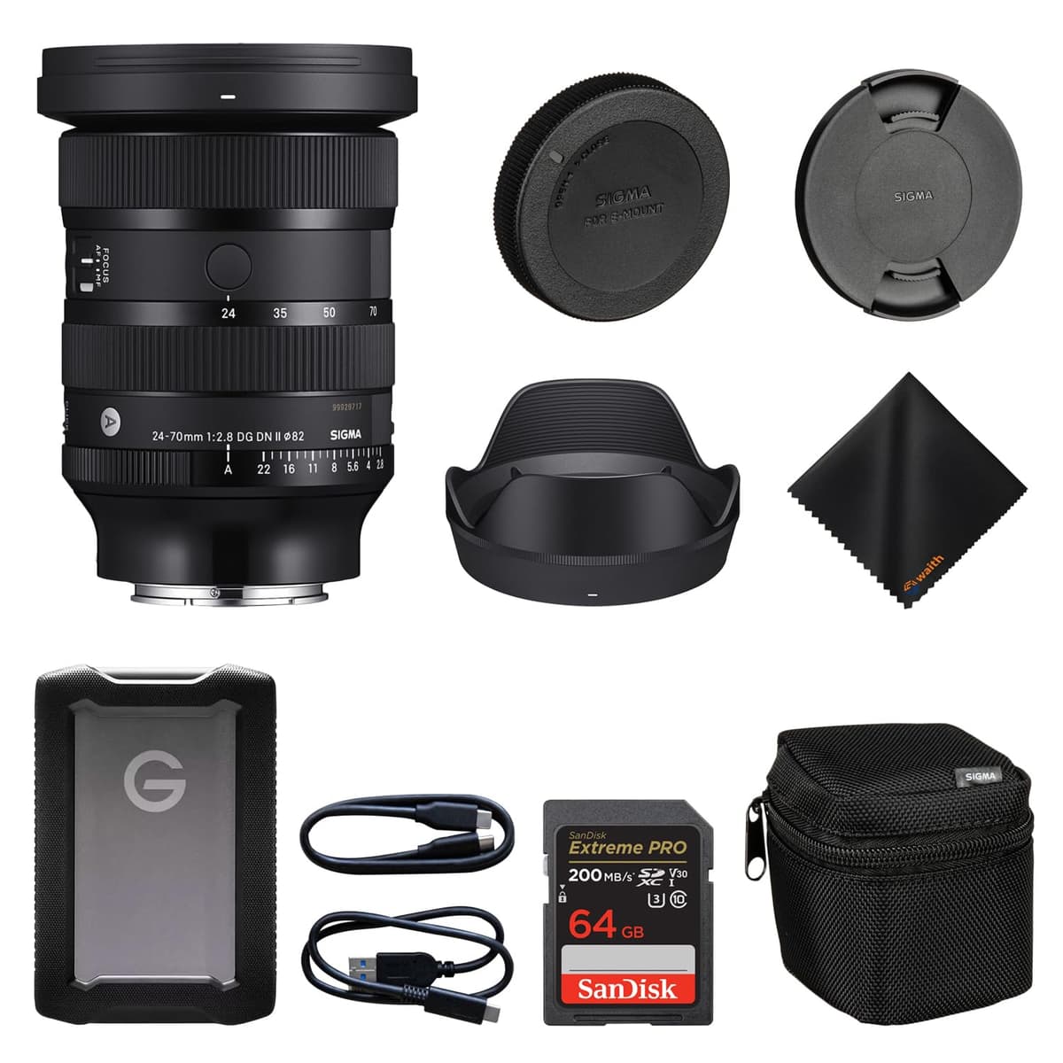 Sigma Art SIG57A965-KIT2 Lente 24-70mm f/2.8 DG DN II Sony E Full Frame, 6 SLD, 11 láminas, con G-Drive ArmorATD 1TB + SD 64GB + paño (Bundle)