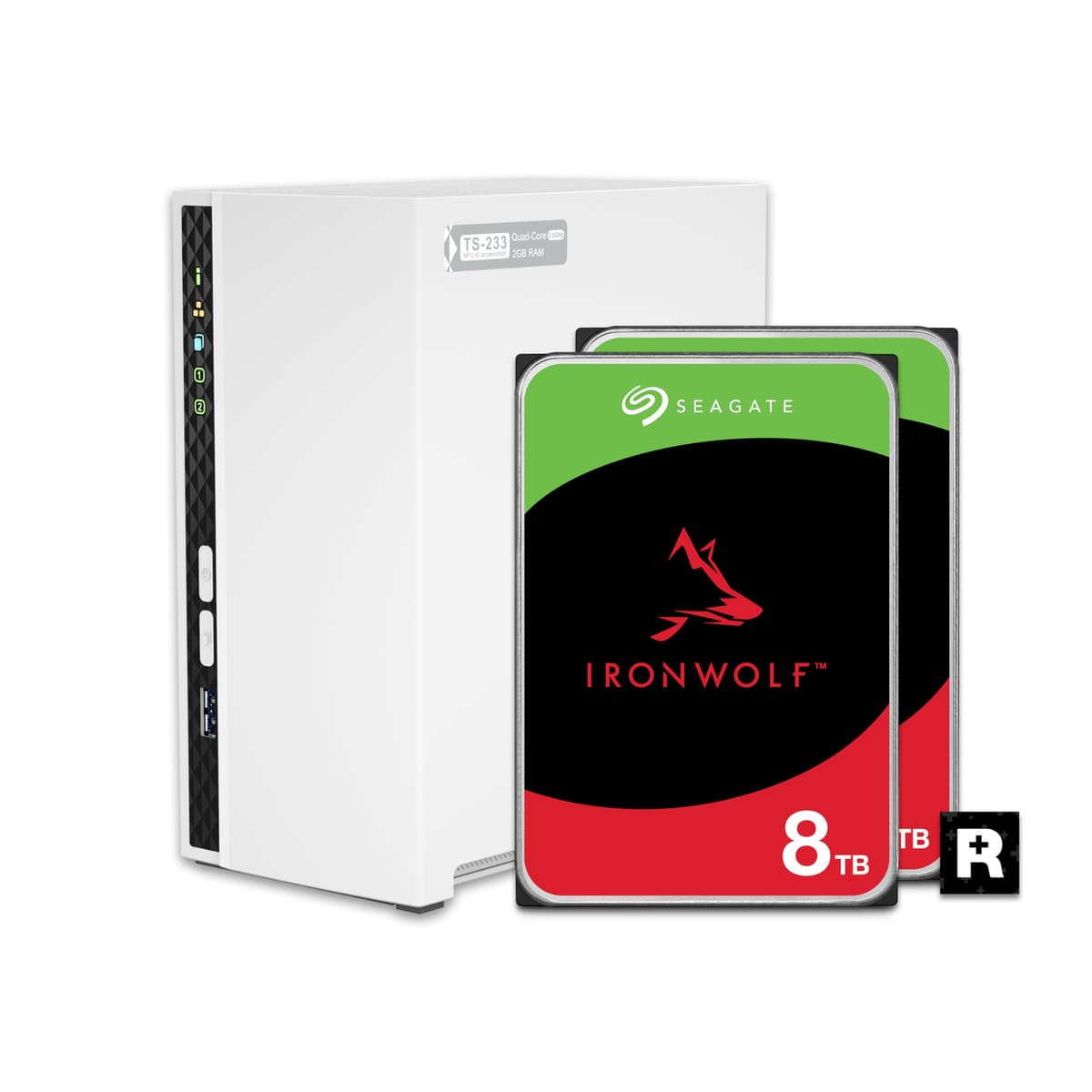 QNAP TS-233-28ST-US NAS 2 bahías 8TB RAID 1 preconfigurado con discos Seagate IronWolf, puertos 1GbE para hogar