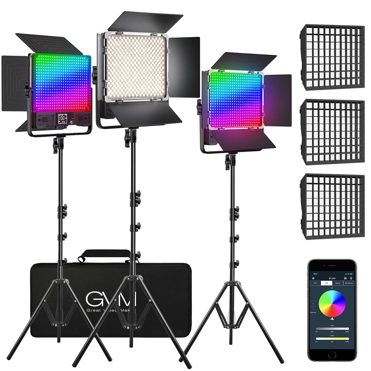 GVM Great Video Maker 50SM Pro GVM-50SM-3L paneles LED RGB+Bi-Color doble cara 50W/lado con softboxes kit iluminación Bluetooth YouTube 3 paquetes