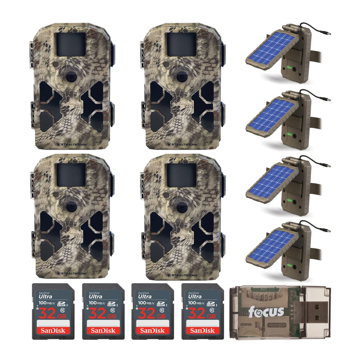 Stealth Cam G42NG 2022 cámara de caza 32MP sin brillo camuflaje Kryptek, kit con panel solar, 4x tarjeta 32GB y lector USB 2.0
