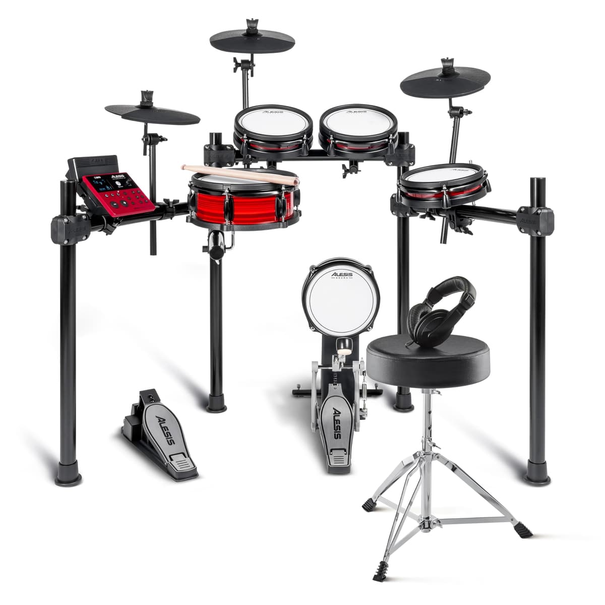 Alesis Nitro Pro batería electrónica Paquete Essentials con accesorios: banqueta y audífonos on-ear