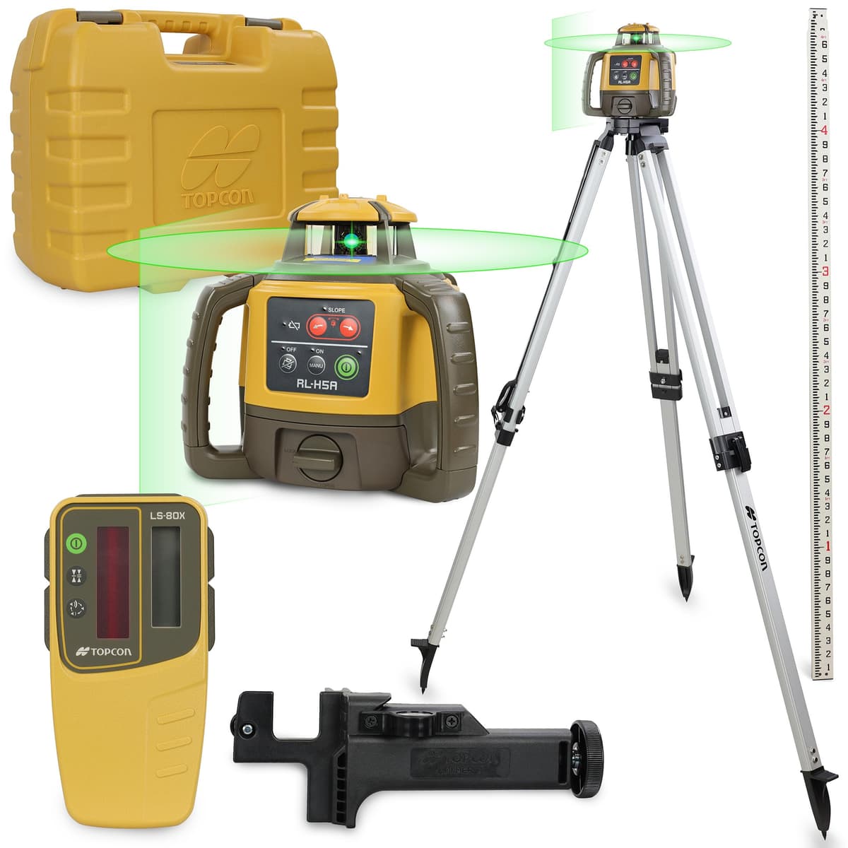 Topcon RL-H5A Kit nivel láser rotatorio, receptor LS-80X con soporte, trípode 36-60", mira de fibra 13 ft con décimas para construcción 1035258-01_KIT