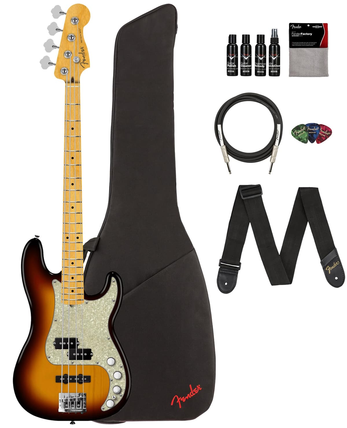 Fender Player II Bajo Eléctrico Precision Activo Modificado - Sunburst 3 tonos, paquete con funda, correa, cable, 3 púas y kit de limpieza 147492300