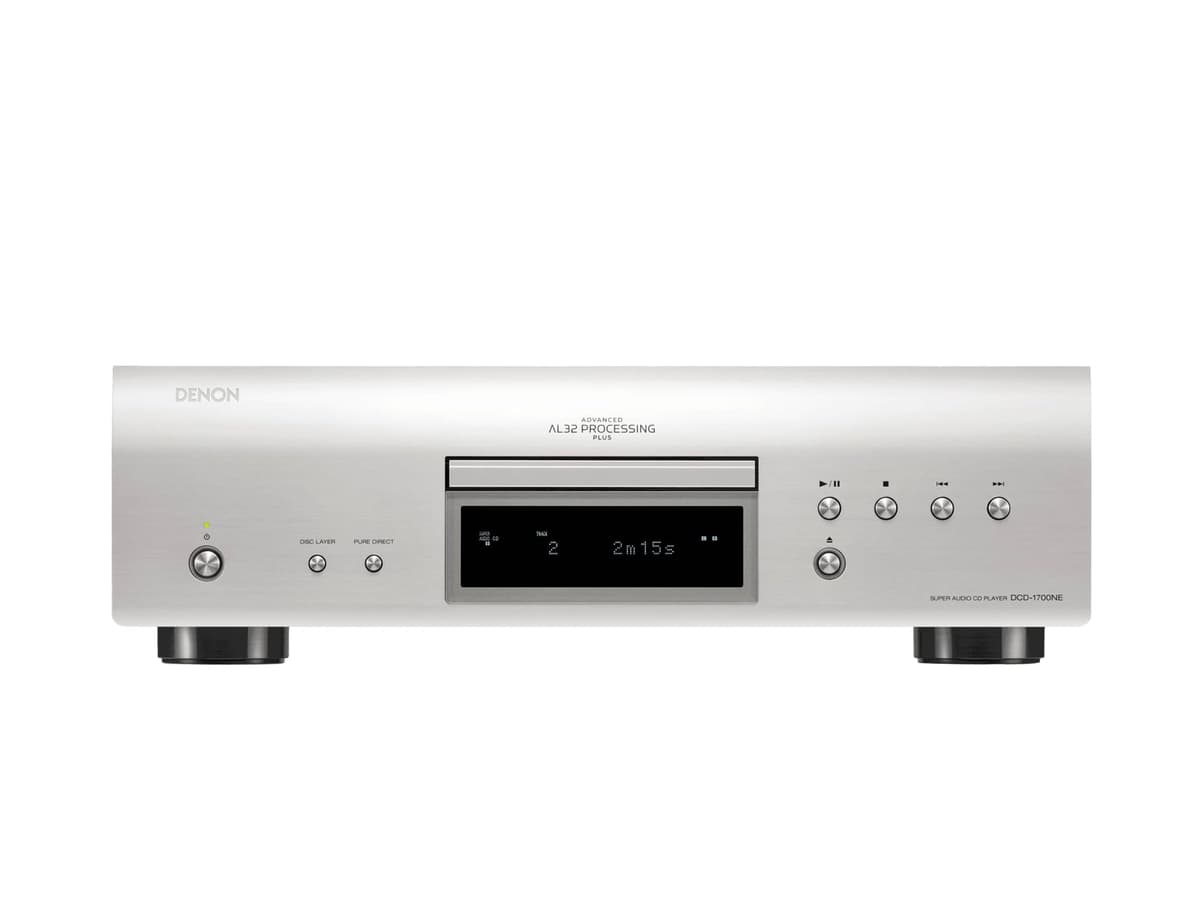 Denon DCD-1700NE Reproductor CD/SACD, DAC 192 kHz/32 bits, DSD/FLAC/WAV, Modo Pure Direct, diseño antivibración, 2 salidas digitales, Plata DCD1700NESP