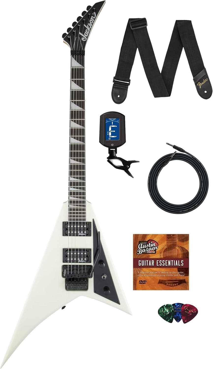 Jackson Rhoads JS32 guitarra eléctrica marfil, kit con cable, afinador, correa, púas y DVD Austin Bazaar AUS-2910147557-COMBO-STD