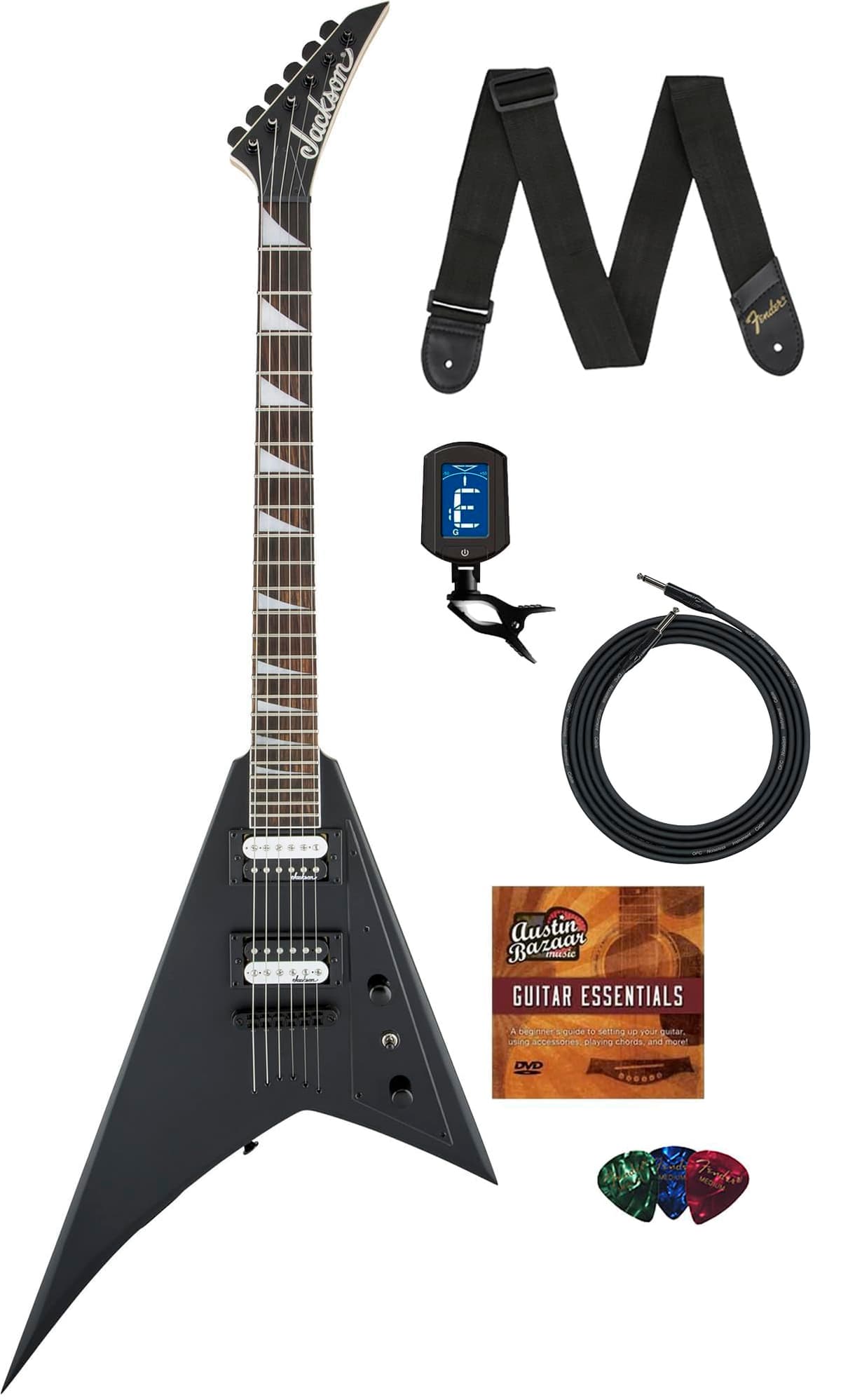 Jackson Rhoads JS32T Guitarra Eléctrica Satin Black Paquete con Cable, Afinador, Correa, Púas y DVD Austin Bazaar AUS-2910147586-COMBO-STD