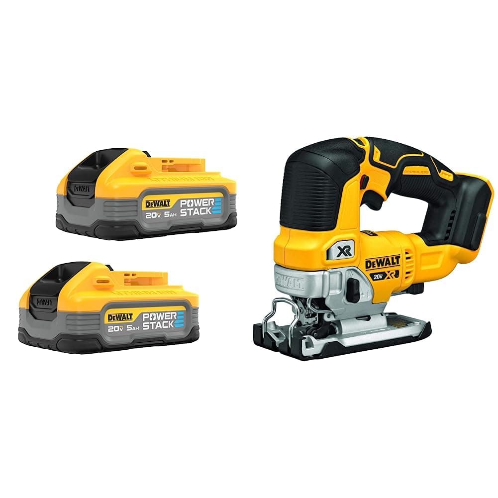 DEWALT PowerStack DCBP520-2 y XR DCS334B: baterías 20V MAX 5Ah ion litio x2 + sierra caladora sin escobillas, LED, solo herramienta