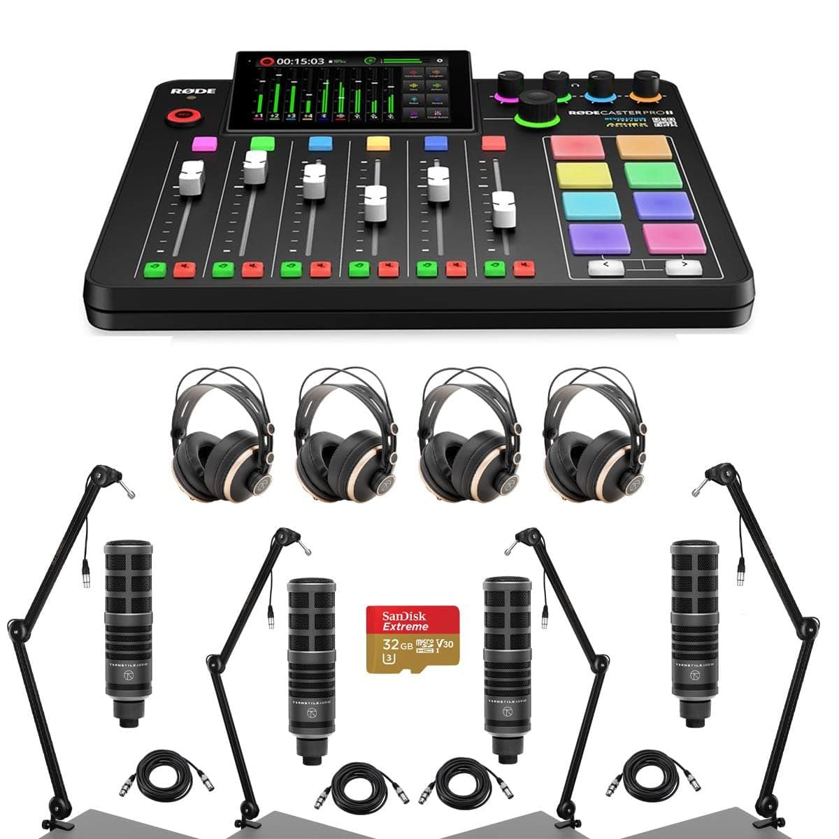 Rode RODECaster Pro II consola de producción de audio, kit con 4 micrófonos dinámicos broadcast Turnstile, 4 audífonos, 4 brazos, 4 cables XLR, 32GB RCPII TAK3
