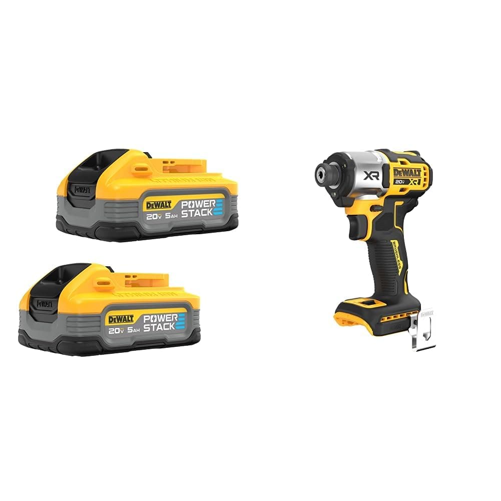 DEWALT PowerStack DCBP520-2 20V MAX Baterías 5Ah Ion Litio Recargables 2-Pack y XR Atornillador de Impacto 1/4'' Brushless Solo Herramienta DCF845B