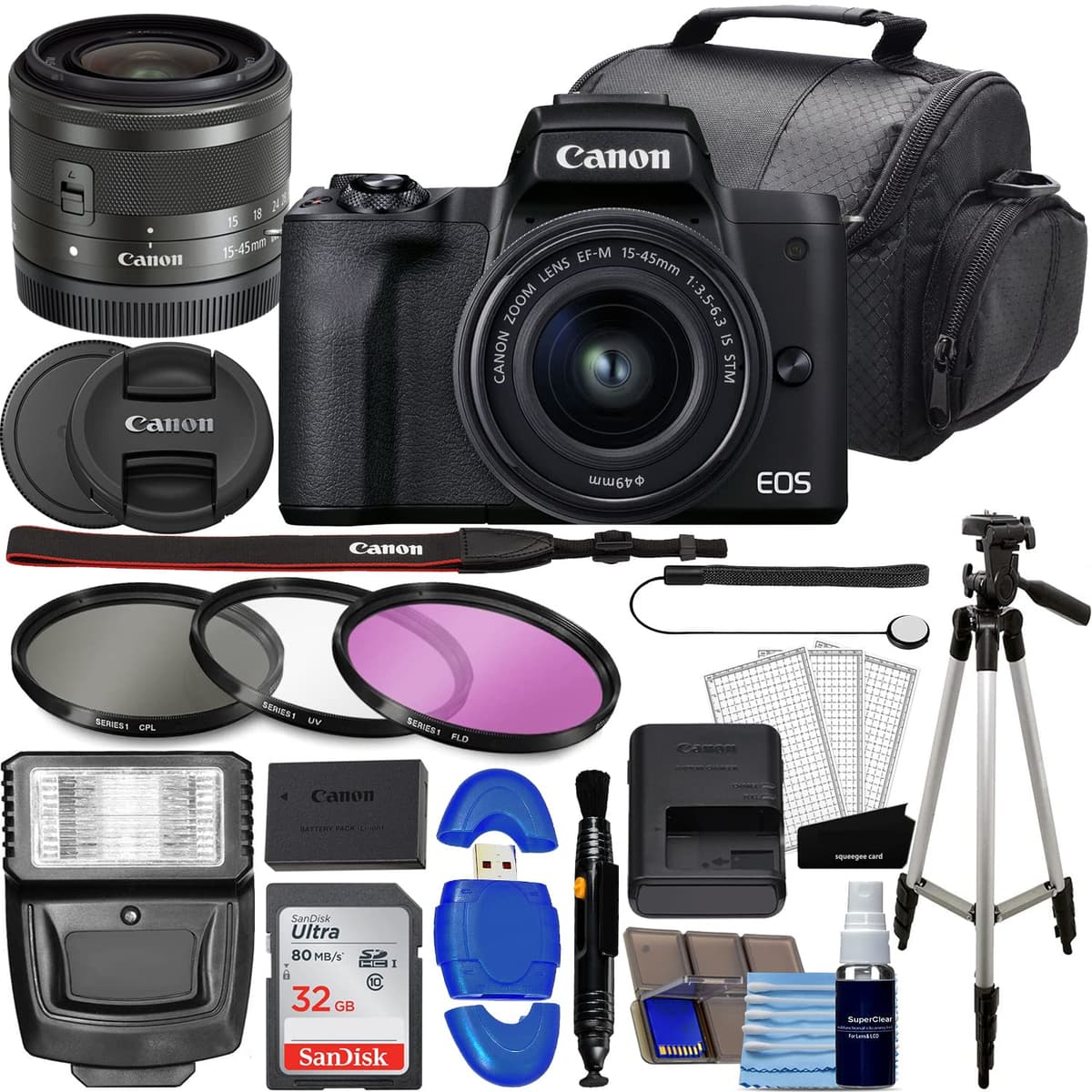 Canon EOS M50 Mark II cámara mirrorless 15-45mm kit + memoria 32GB + filtros + trípode + flash negro + bundle fotografía