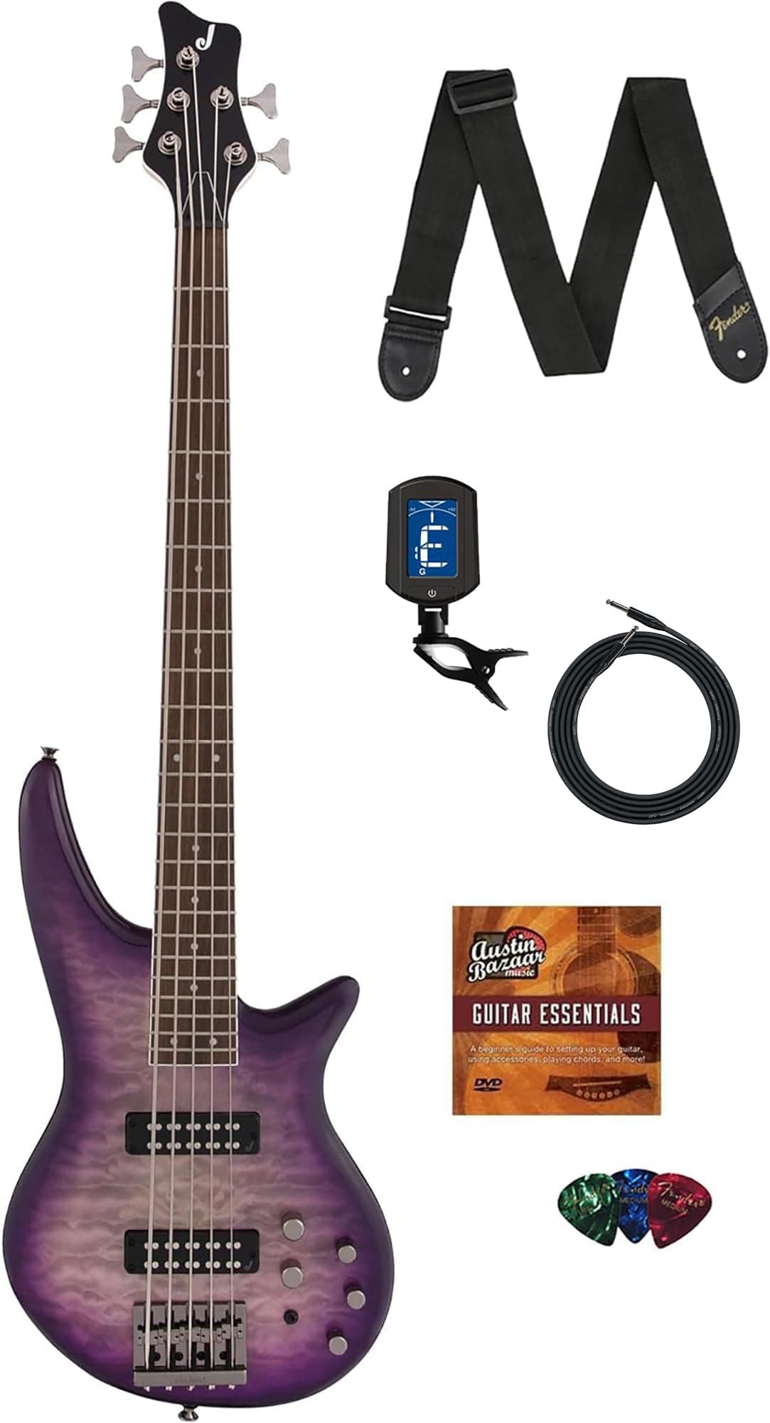 Jackson Spectra JS3QV bajo eléctrico Purple Phaze combo con cable, afinador, correa, púas y DVD Austin Bazaar AUS-2919914592-COMBO-STD