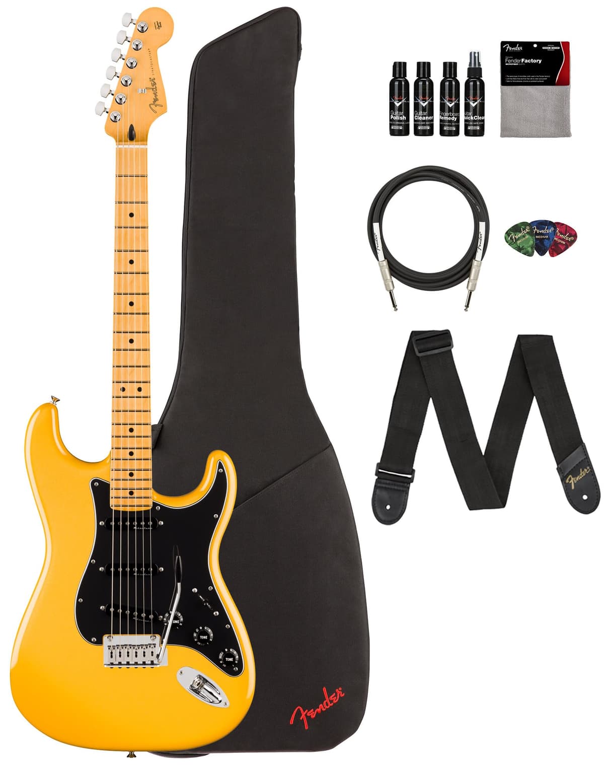 Fender Player II Modified Stratocaster 147422360 Guitarra Eléctrica Sunshine Yellow, Pack con Funda, Correa, Cable, 3 Púas y Kit Limpieza