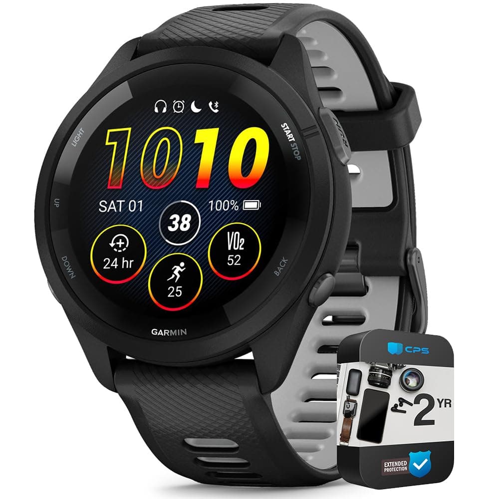 Garmin Forerunner 265 GPS Reloj Inteligente, Negro/Gris, Paquete con Protección CPS 2 Años, modelo 010-02810-00 E99GRFR265BKPG