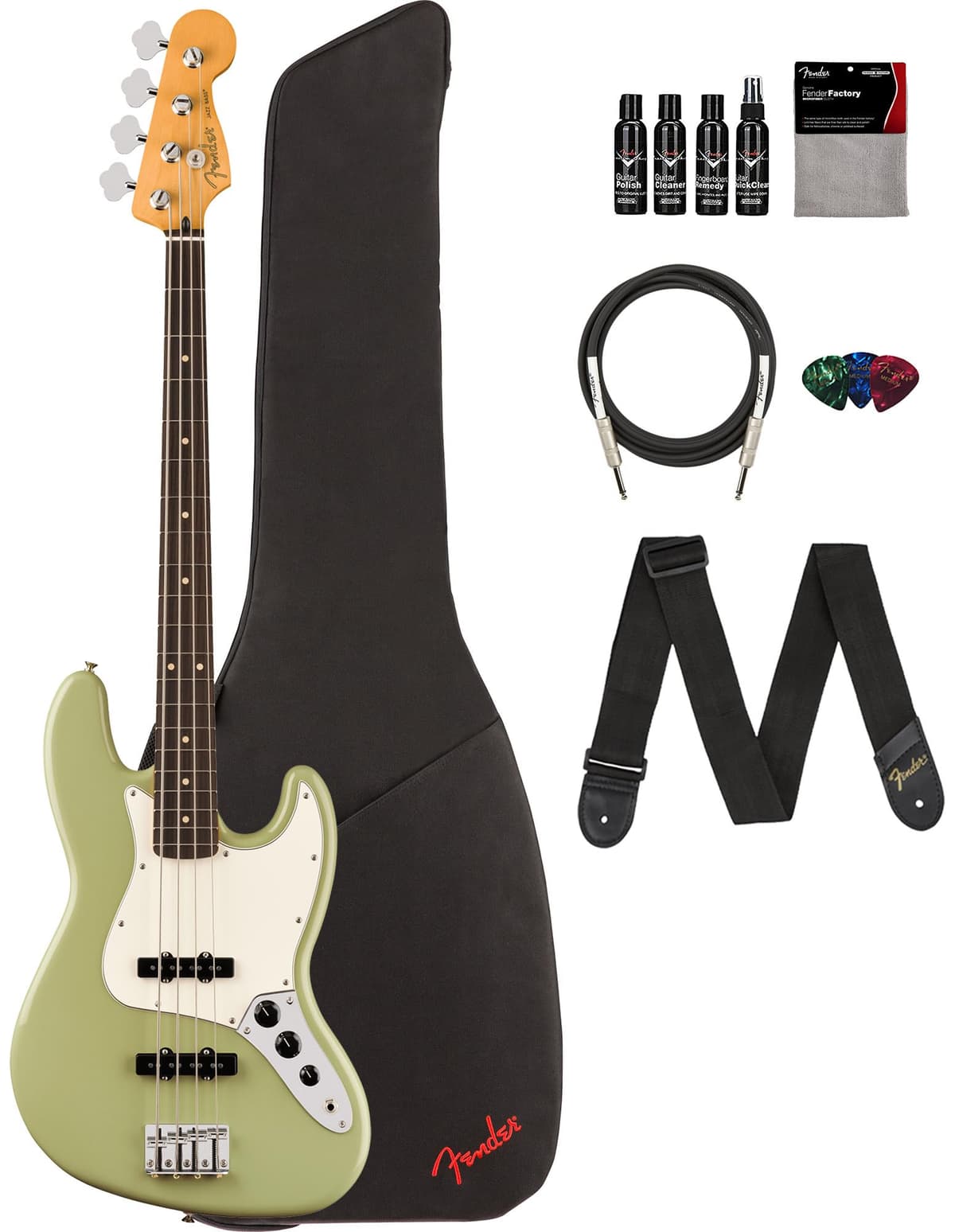 Fender Player II Jazz Bass Bajo Eléctrico Birch Green Pack con Funda, Correa, Cable, 3 Púas y Kit de Limpieza AUS-0140480565-COMBO-DLX