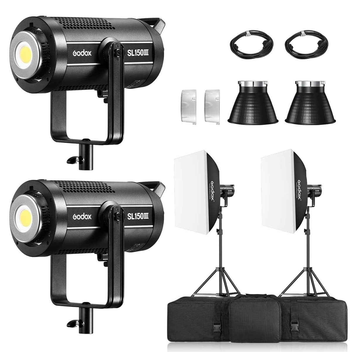 Godox SL150III Kit 2 Luces LED Video 300W continua, 8 FX, control app, 2.4G, montura Bowens con reflectores, softbox, trípodes y bolsa