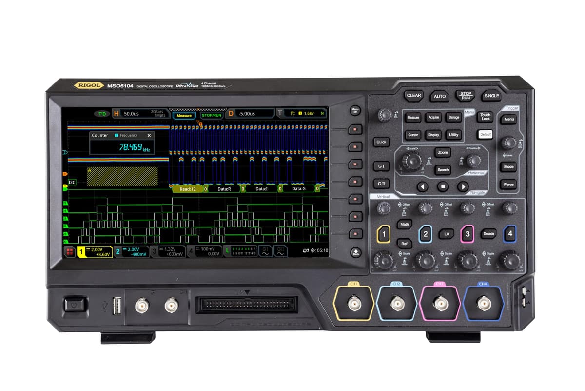 Rigol MSO5000 MSO5104 Osciloscopio de señal mixta 100 MHz, 4 canales analógicos, UltraVision II, alta velocidad
