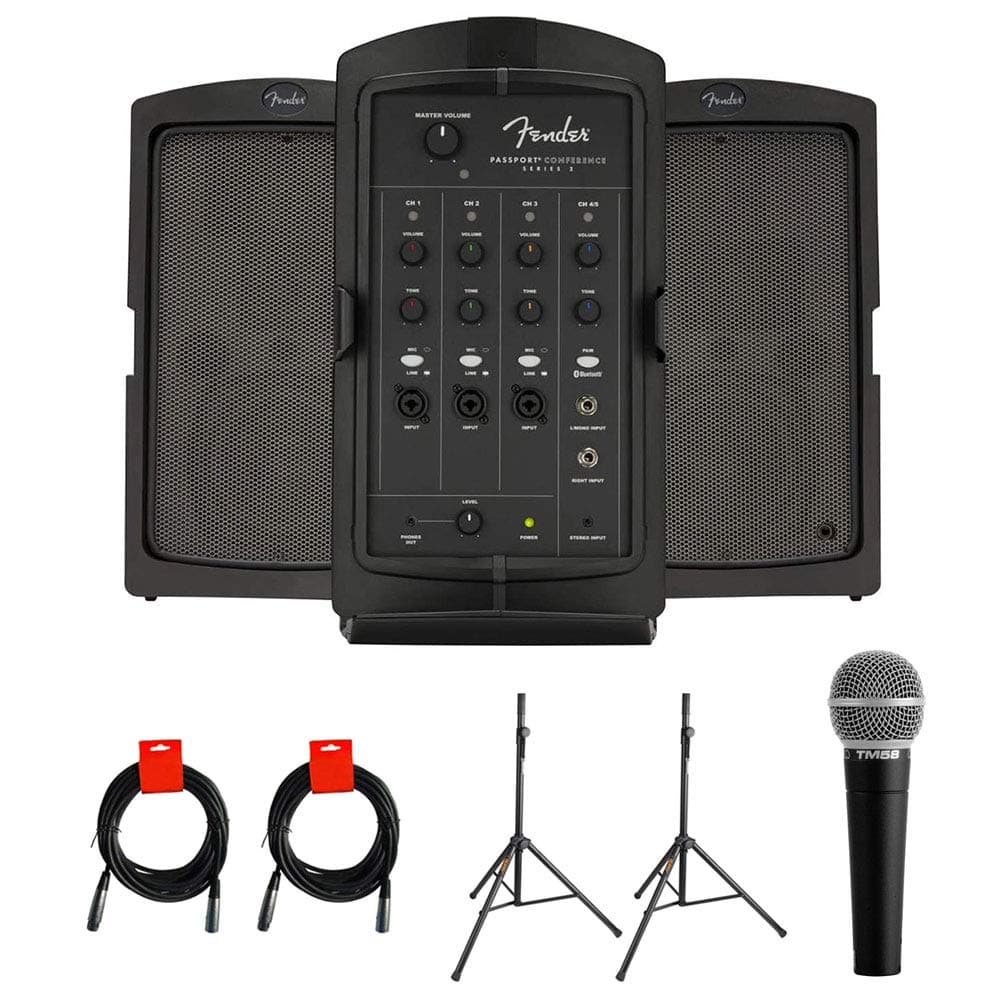 Fender Passport Conference Series 2 sistema PA portátil 175W amplificado con micrófono vocal, 2 soportes y 2 cables XLR