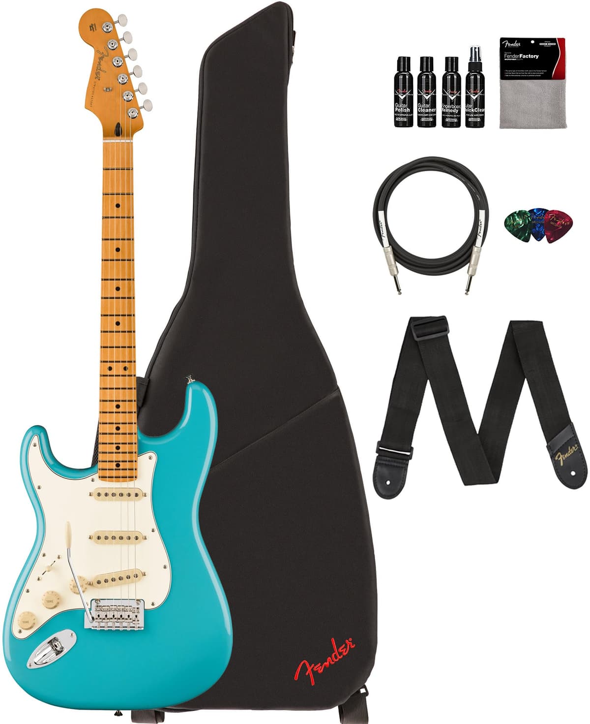 Fender Player II Stratocaster guitarra eléctrica zurda Aquatone Blue, paquete con funda, correa, cable, púas y kit de limpieza 140532518
