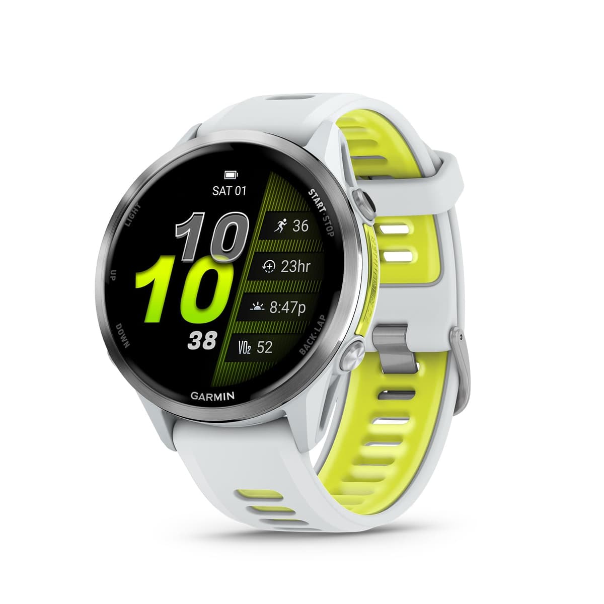 Garmin Forerunner 970, reloj GPS inteligente para running y triatlón, AMOLED, linterna LED, titanio, caja Whitestone, correa Whitestone/Amarillo Amp 010-02969-01