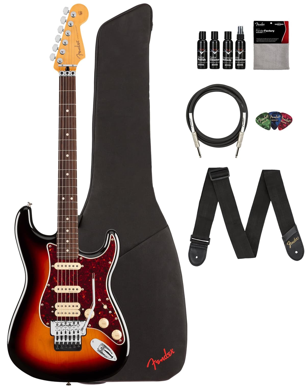 Fender Player II Modified Stratocaster HSS Floyd Rose 3-Color Sunburst, paquete con funda, correa, cable, 3 púas y kit de limpieza 147440300