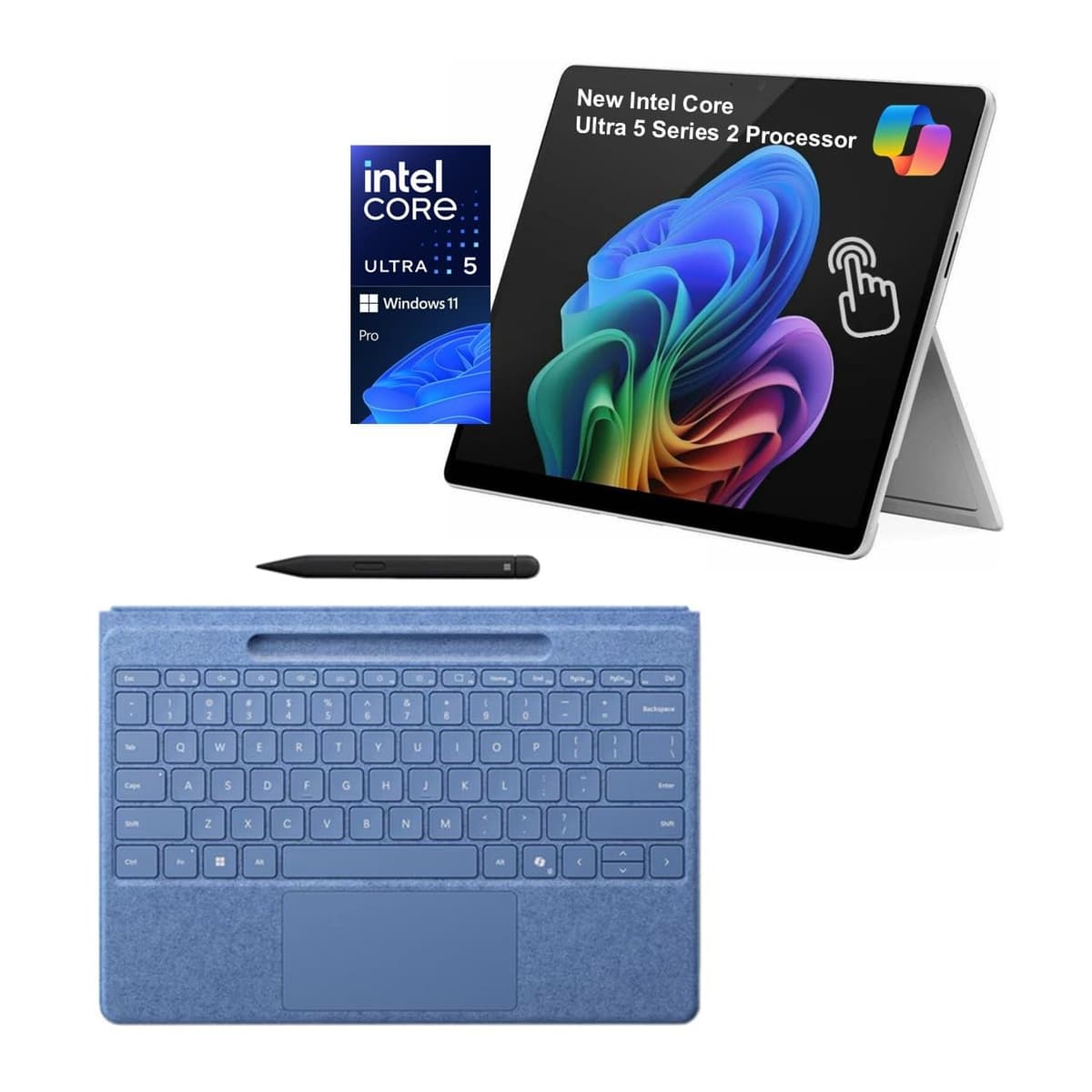 Microsoft Surface Pro 11 2 en 1 Bundle, teclado Sapphire Flex y Slim Pen, Copilot+, 13” 600 nits, Intel Ultra 5, 16GB RAM, 2TB SSD, Win 11 Pro