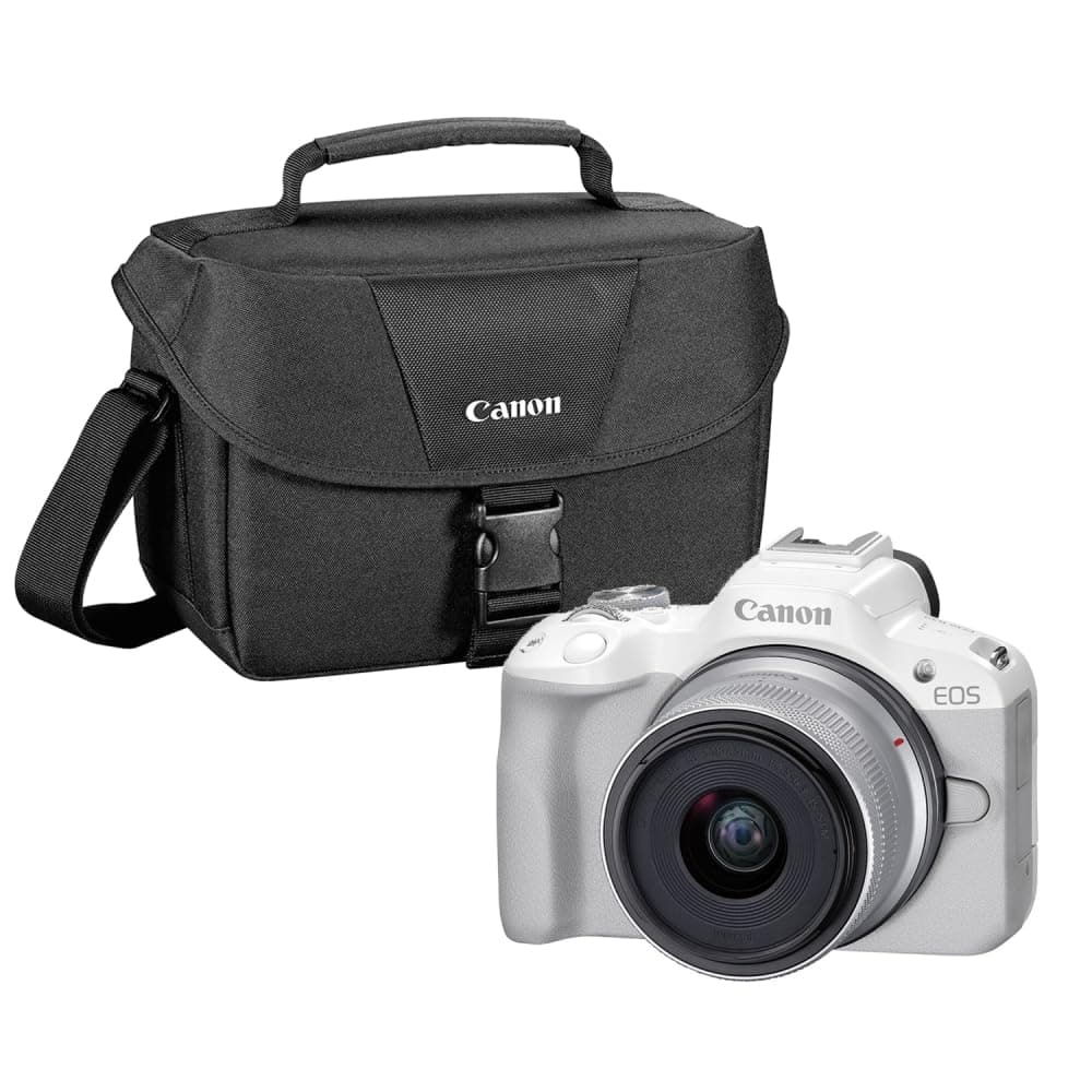 Canon EOS R50 cámara mirrorless con lente 18-45mm, blanca, con bolso 200ES