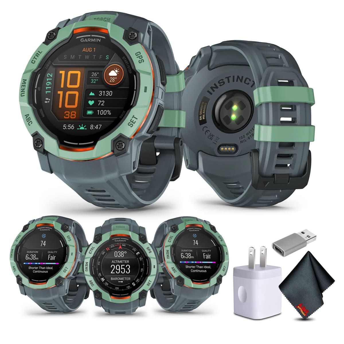 Garmin Instinct 3 010-03020-01, AMOLED 50 mm, GPS reloj inteligente resistente, bisel metálico, linterna, 24 días, Neo Tropic/Twilight, kit táctico