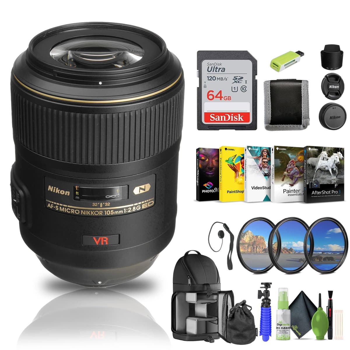 Nikon AF-S VR Micro-NIKKOR 105mm f/2.8G IF-ED (2160) lente macro +64GB + filtro + mochila + lector + software Corel + trípode + kit limpieza
