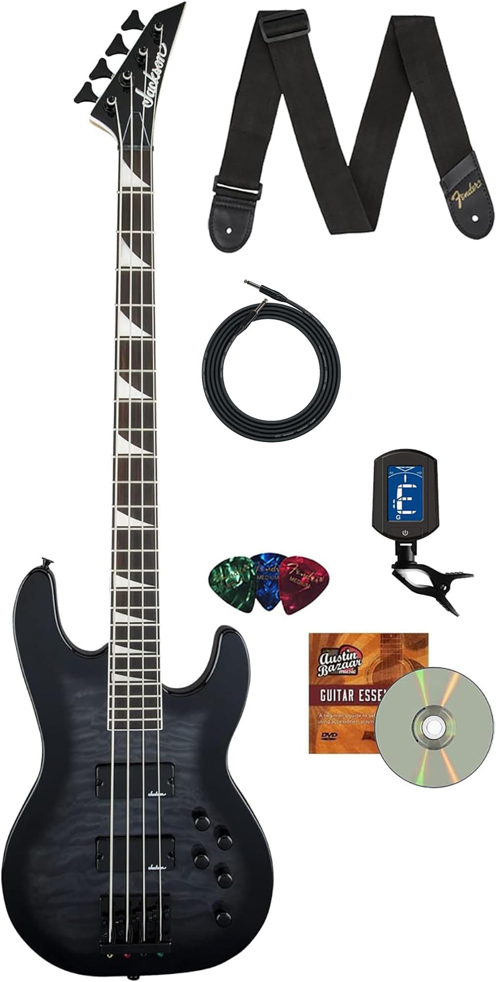 Jackson JS3Q Concert bajo eléctrico Negro Transparente Burst combo con cable, afinador, correa, púas y DVD Austin Bazaar 2919026585-COMBO-STD