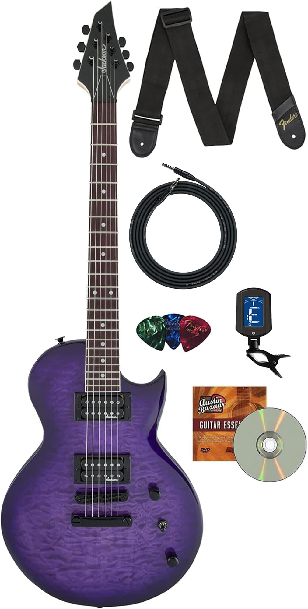 Jackson JS Series Monarkh SC JS22Q Guitarra Eléctrica Transparent Purple Burst kit con cable, correa, afinador, púas y DVD Austin Bazaar 2916901592-COMBO-STD