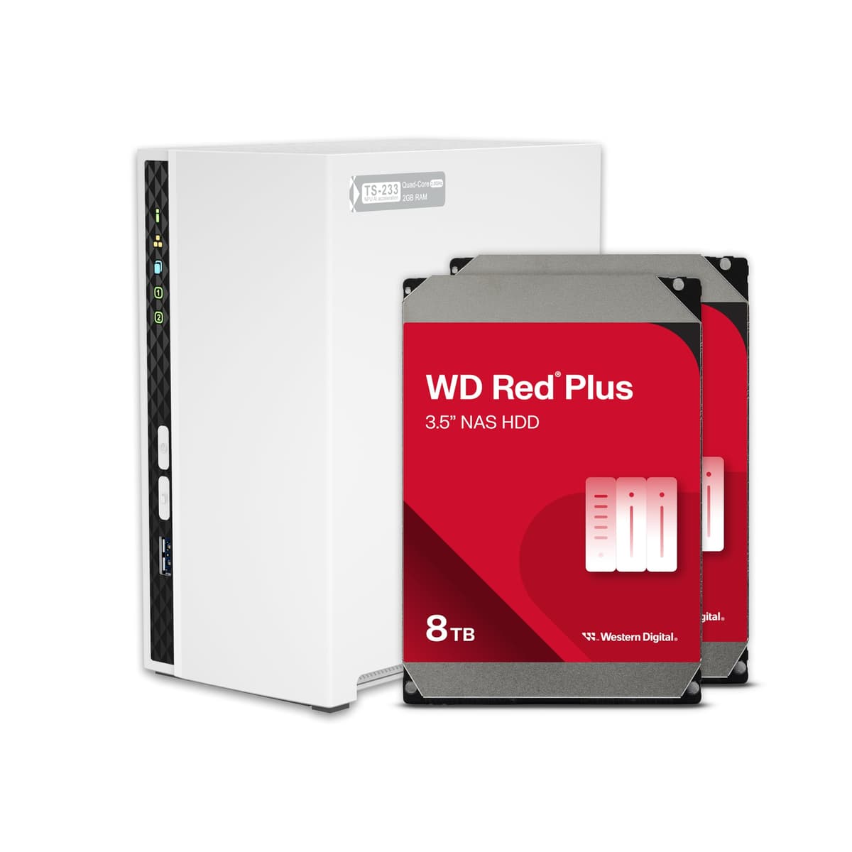 QNAP TS-233-28WD-US NAS 2 bahías 8TB RAID 1 preconfigurado con HDD WD Red Plus, puertos 1GbE para hogar