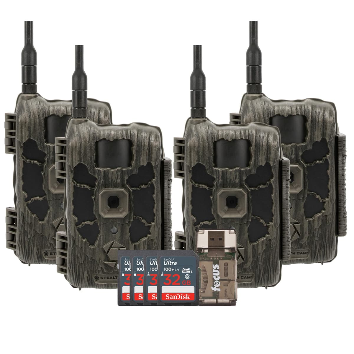 Stealth Cam Deceptor Max 40MP cámara trampa celular, disparo 0.4s, paquete de 4 con 4 tarjetas 32GB y lector (9 piezas)