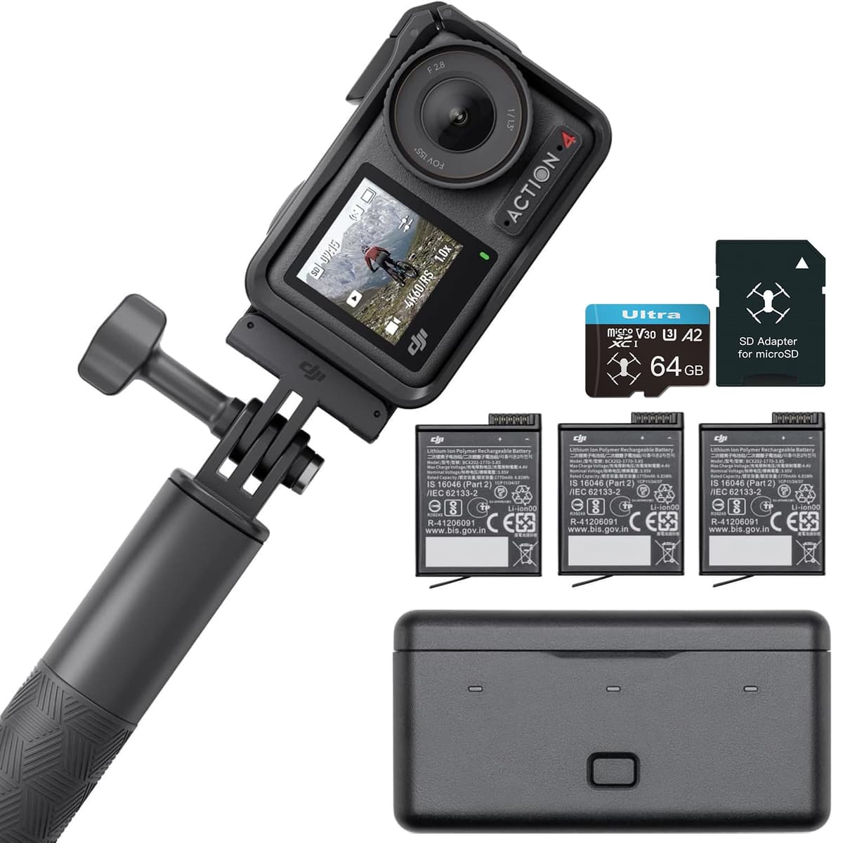 DJI Osmo Action 4 Adventure Combo cámara de acción 4K, sensor 1/1.3", doble pantalla OLED, 3 baterías 12h, microSD 64GB