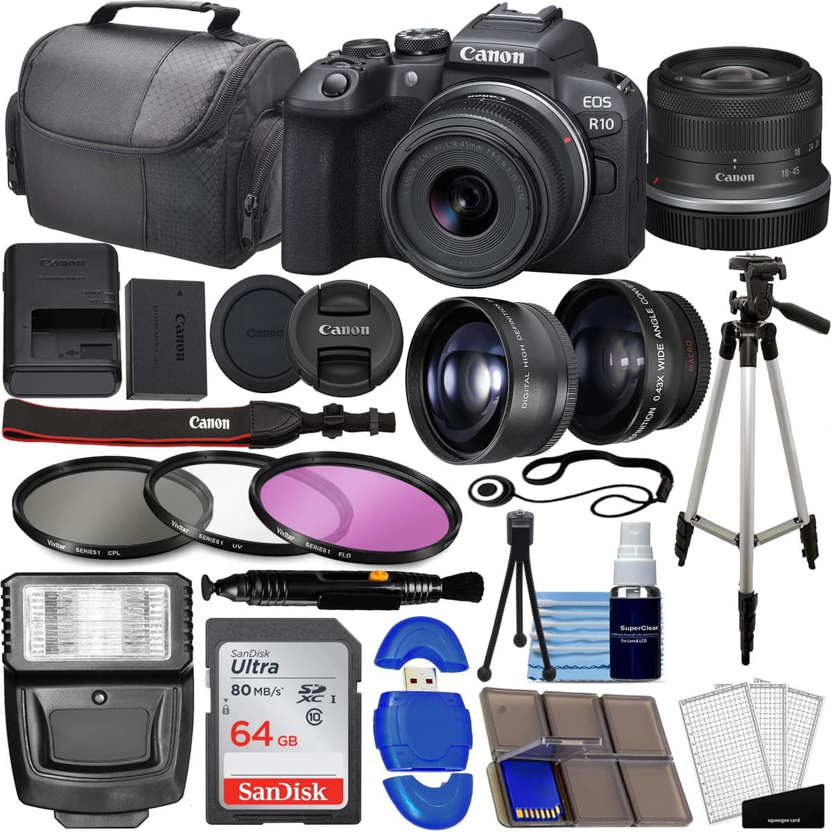 Canon EOS R10 Cámara sin espejo RF-S 18-45mm IS STM + Gran Angular + Teleobjetivo + 64GB + Filtros + Estuche + Flash + Trípode (37pzs), Negro
