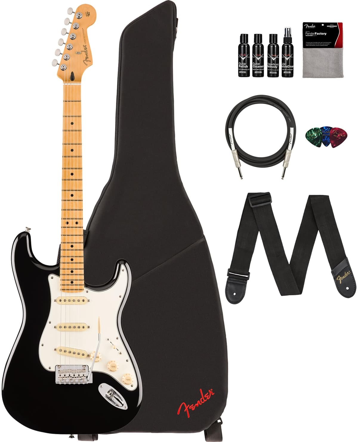Fender Player II Stratocaster Guitarra Eléctrica - Negra Pack con Funda, Correa, Cable, 3 Púas y Kit de Limpieza
