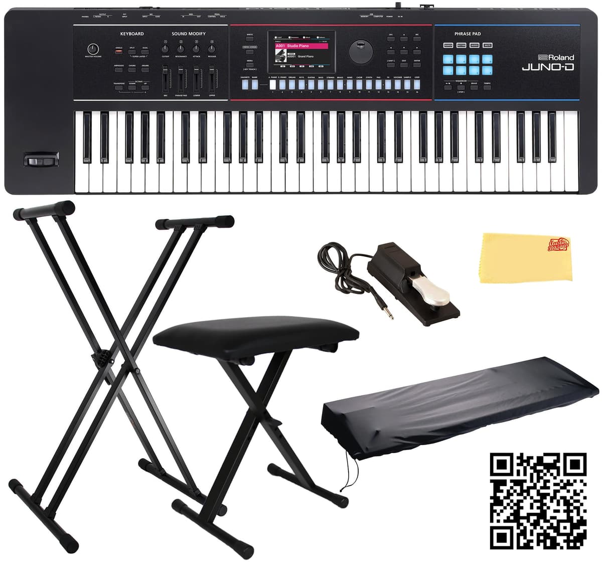 Roland JUNO-D6 Sintetizador Bundle con Soporte Ajustable, Banco, Pedal de Sustain, Cubierta, Video Austin Bazaar y Paño de Pulido